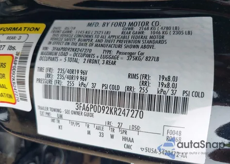 2019 Ford Fusion Titanium z USA, uszkodzony, nr VIN 3FA6P0D92KR247270